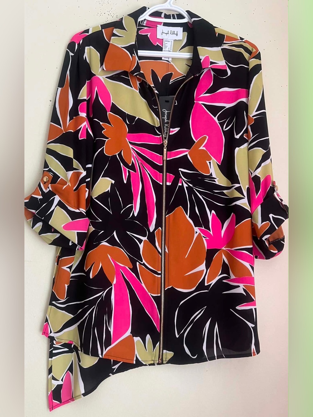 Joseph Ribkoff Black Floral Zip-Front Blouse with Pink & Orange Accents
